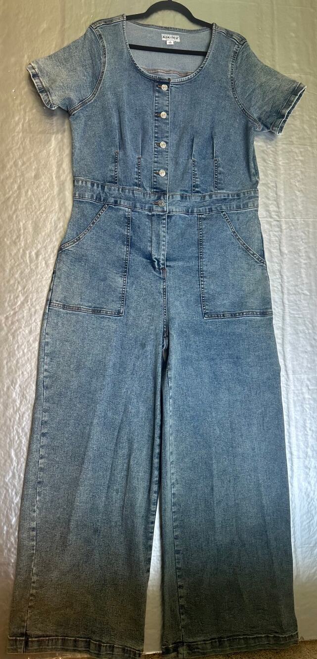Ava & Viv 16 Denim Jumpsuit Wide Leg Button Front Pockets